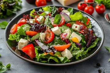 healthy and fresh salad full of tomatoes, cucumbers, feta cheese and other vegetables