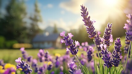 Close up of lavender flowers in a field, with a house in the background.