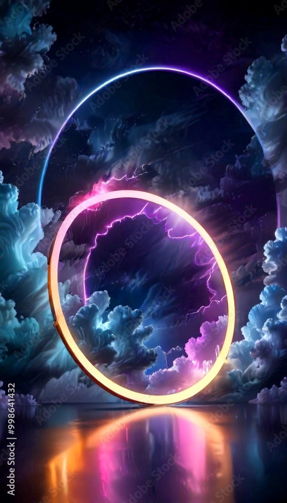 Poster a surreal, dreamlike scene with a glowing ring-like structure in the center, surrounded by a swirlin