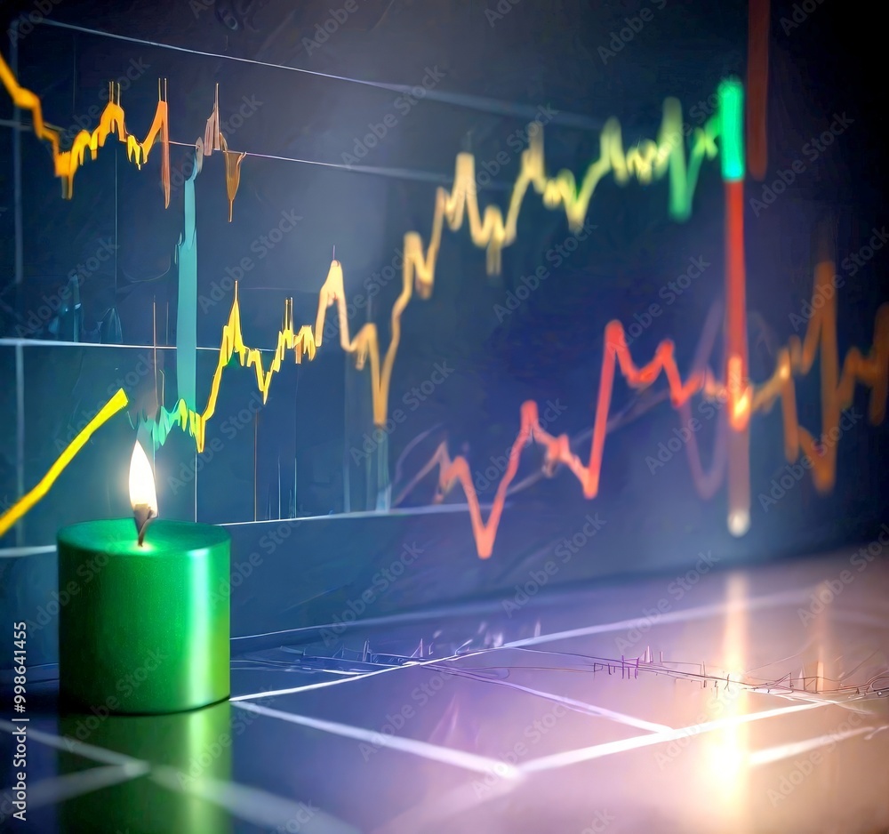 Poster a lit green candle sits in the foreground, with a blurred financial chart featuring colorful lines a