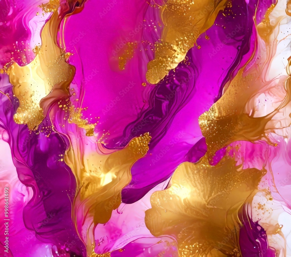 Aufkleber a vibrant abstract composition with swirling patterns of purple and gold, accented by splashes of pink and white The colors are rich and intense, creating a dynamic and