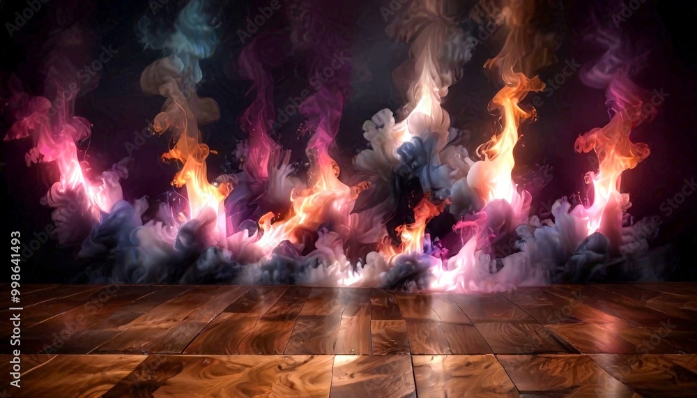 Poster a vibrant and dynamic scene of colorful smoke or vapor swirling and dancing in the air, creating a sense of movement and energy The background is dark, providing a stark