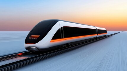 Fototapeta premium Futuristic train in motion on railway at sunset, dynamic and sleek design