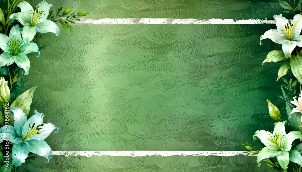 Poster a green textured background with white and light blue lilies on the left and right sides, creating a