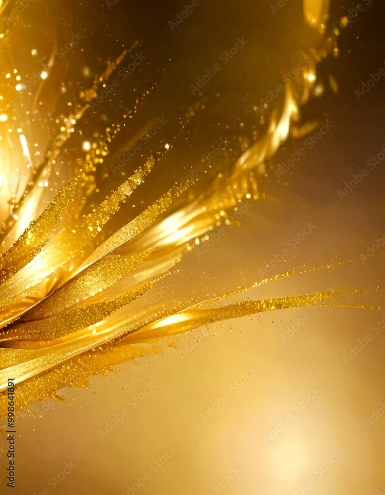 Poster a dynamic and abstract composition of golden lines and splashes, creating a sense of movement and energy The golden hues are scattered across the frame, with some lines