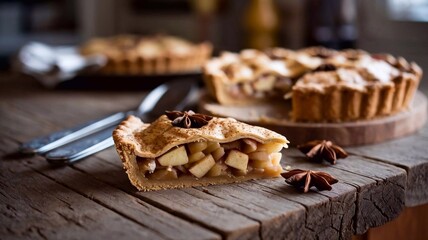 Fototapeta premium A slice of homemade apple pie with cinnamon and star anise on a rustic wooden table