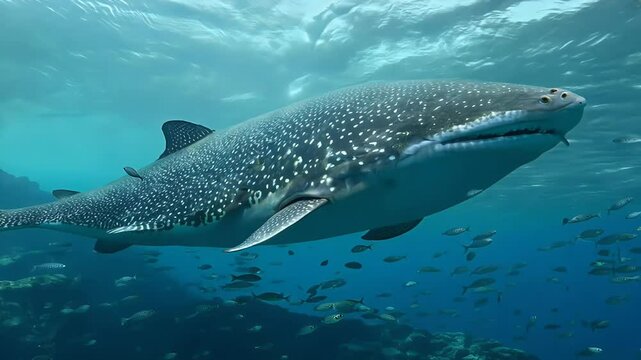 Beautiful 4K footage whale shark swimming camermouth wide open surrounded school fish offering mesmerizing closeup world's largest Oslob Cebu