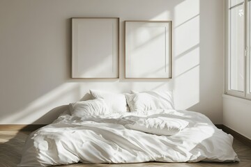 Sunlit bedroom with unmade bed, minimalist decor, white bedding, cozy ambiance, Scandinavian style, relaxation concept