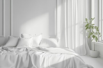 Minimalist bedroom interior with white bedding, sunlight streaming through the window, and a green potted plant adding contrast to the monochromatic setting