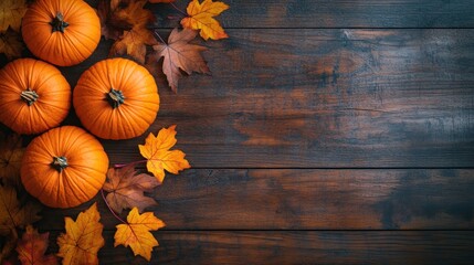 Three orange pumpkins and autumn leaves on a rustic wooden background.