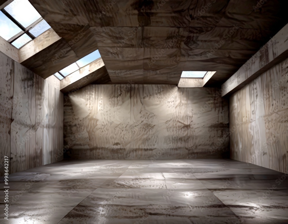 Poster a spacious, empty room with a concrete floor and walls, featuring three large windows on the left wa