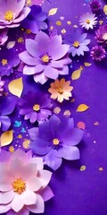 A vibrant arrangement of paper flowers in shades of purple, pink, and yellow, with gold accents, set against a purple background with scattered gold and white confetti