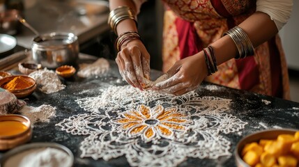 A woman preparing Diwali sweets at home, with a mandala made of flour and spices drawn on the kitchen counter