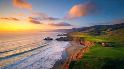 Stunning sunset over a picturesque coastline with rocky cliffs and rolling hills.