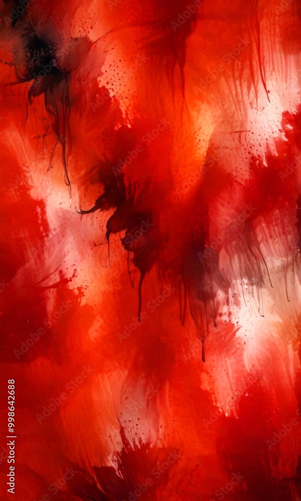 Poster an abstract painting featuring a vibrant mix of red, orange, and black colors, with splashes of color and dripping paint creating a dynamic and expressive composition