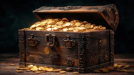 ornate treasure chest overflowing with gold coins and jewels antique wooden box with intricate carvings brimming with shimmering wealth against a dark background