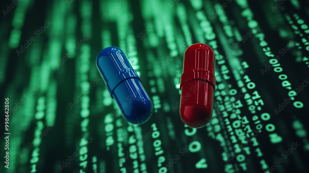 Poster two pills, one red and one blue, glow with intensity as binary code rains down in the green backgrou