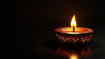 Isolated decorative diya on a clean black background with ample space for text and subtle light reflections around it
