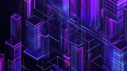 Abstract geometric background with glowing neon lines and purple and blue lights.