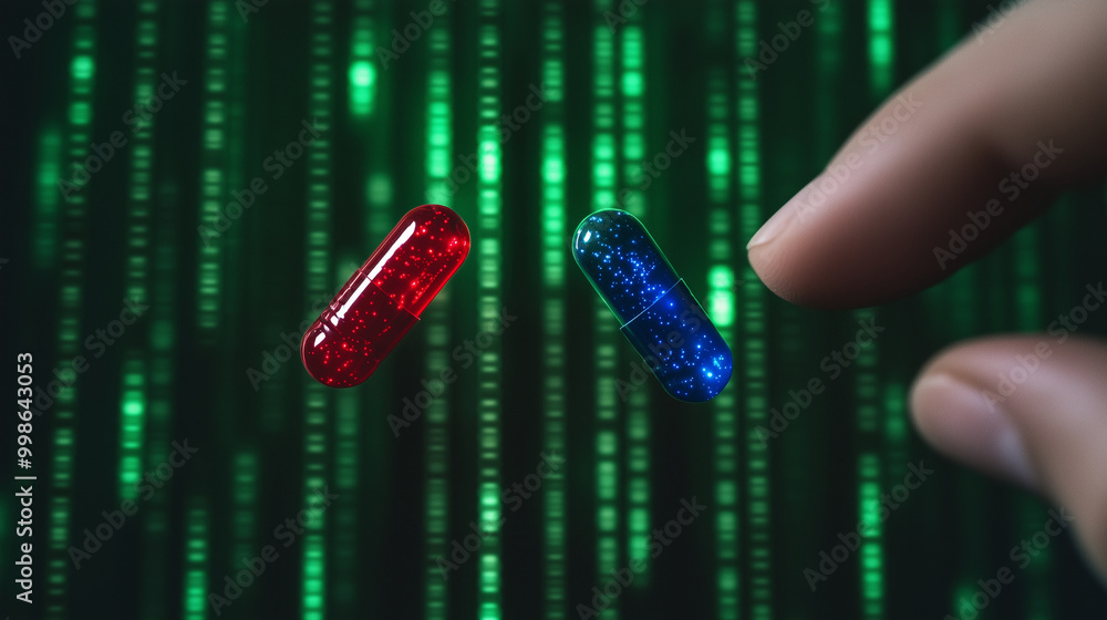 Poster a hand hovers over a red pill and a blue pill, both glowing against a backdrop of green data streams