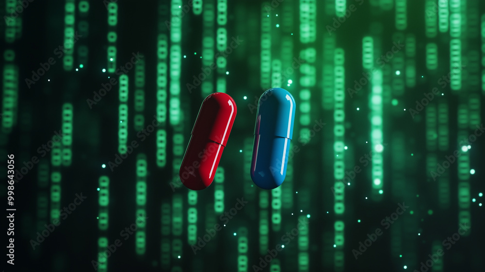 Poster the red and blue pills shine brightly, suspended in front of a cascading green data matrix, represen