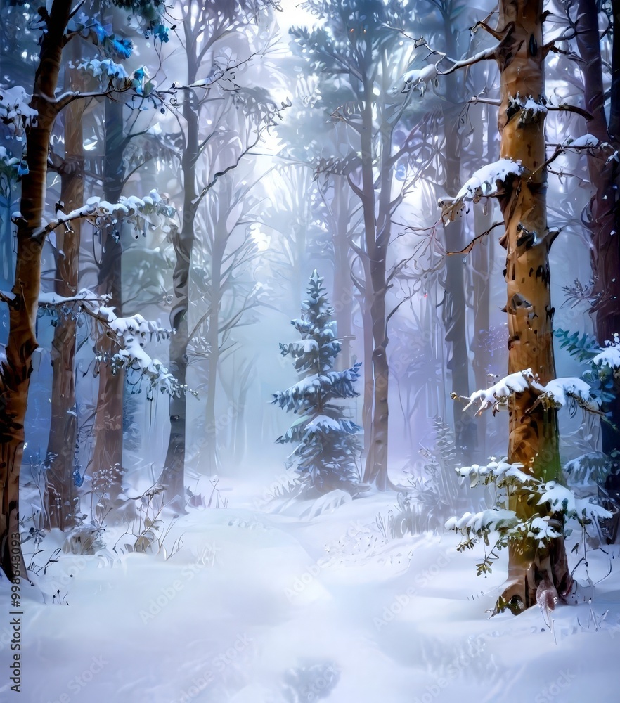 Poster A snowy forest scene with a path leading through the trees, featuring a small evergreen tree in the center