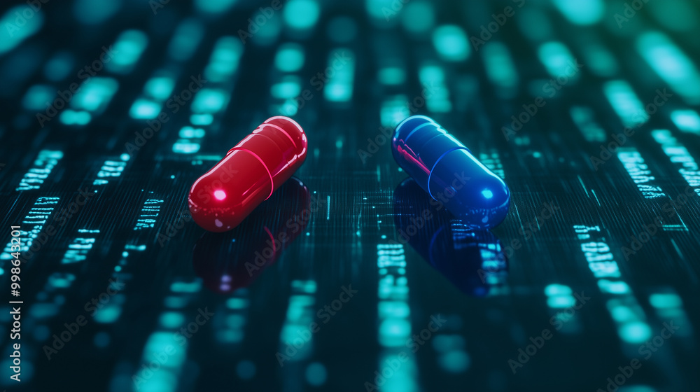 Poster two glowing pills, one red and one blue, rest on a sleek surface, with a digital green matrix backgr