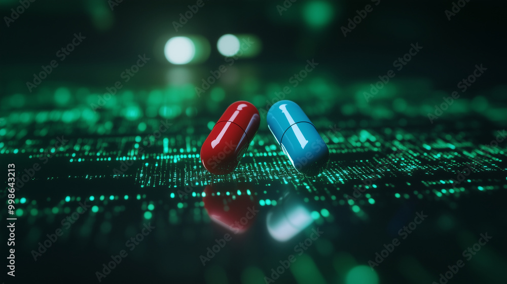 Poster two glowing pills, one red and one blue, rest on a sleek surface, with a digital green matrix backgr