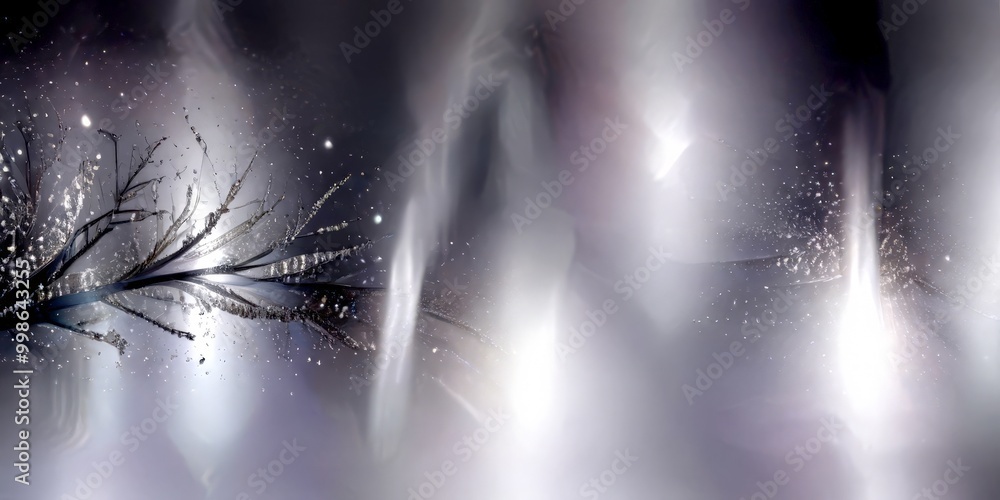 Poster a serene winter scene with a branch adorned with snowflakes and icicles, set against a backdrop hazy