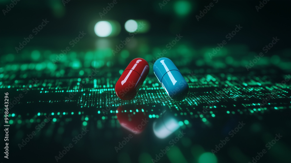 Poster two glowing pills, one red and one blue, rest on a sleek surface, with a digital green matrix backgr