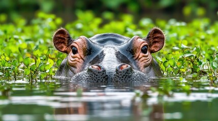 Fototapeta premium Hippo submerged in a shallow river, with only its nostrils and eyes peeking above the water as it watches the surroundings