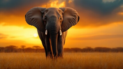 Obraz premium Majestic Elephant at Sunset in African Savannah