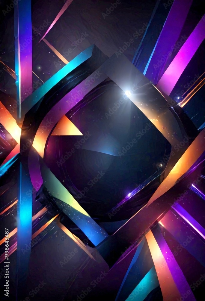 Poster a vibrant abstract composition with intersecting lines and shapes in various colors, including blue,
