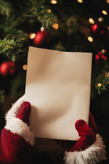 A Festive Letter to Santa Claus Held in Gloved Hands, Surrounded by Twinkling Lights and Cheerful Decorations During the Holiday Season