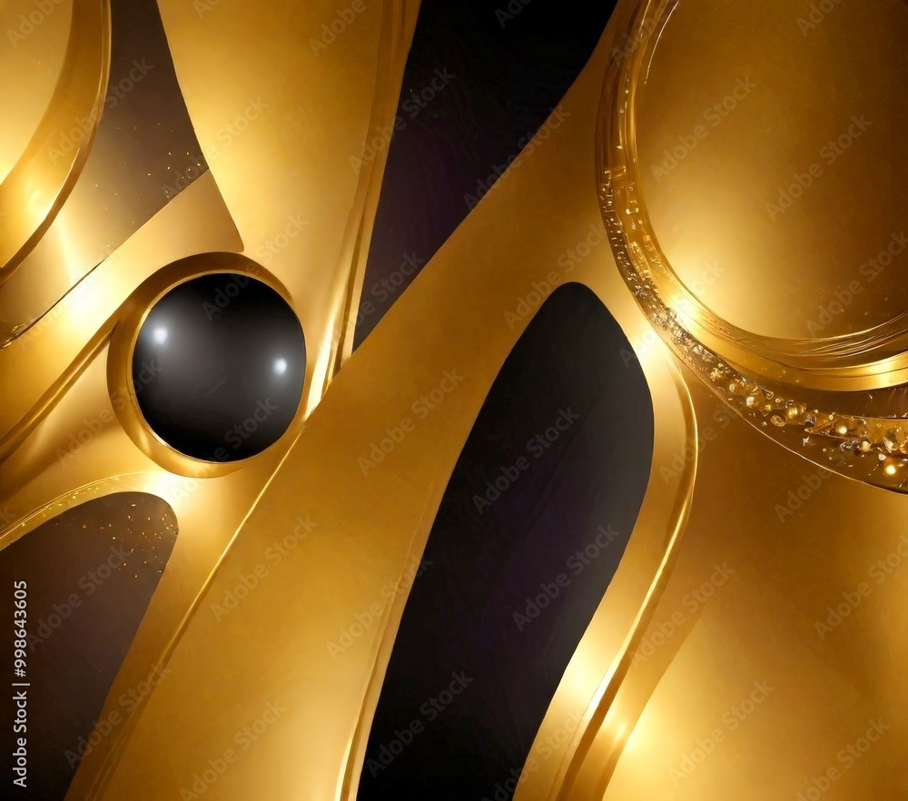 Poster a striking abstract composition of gold and black shapes, with a central black circle and a series o