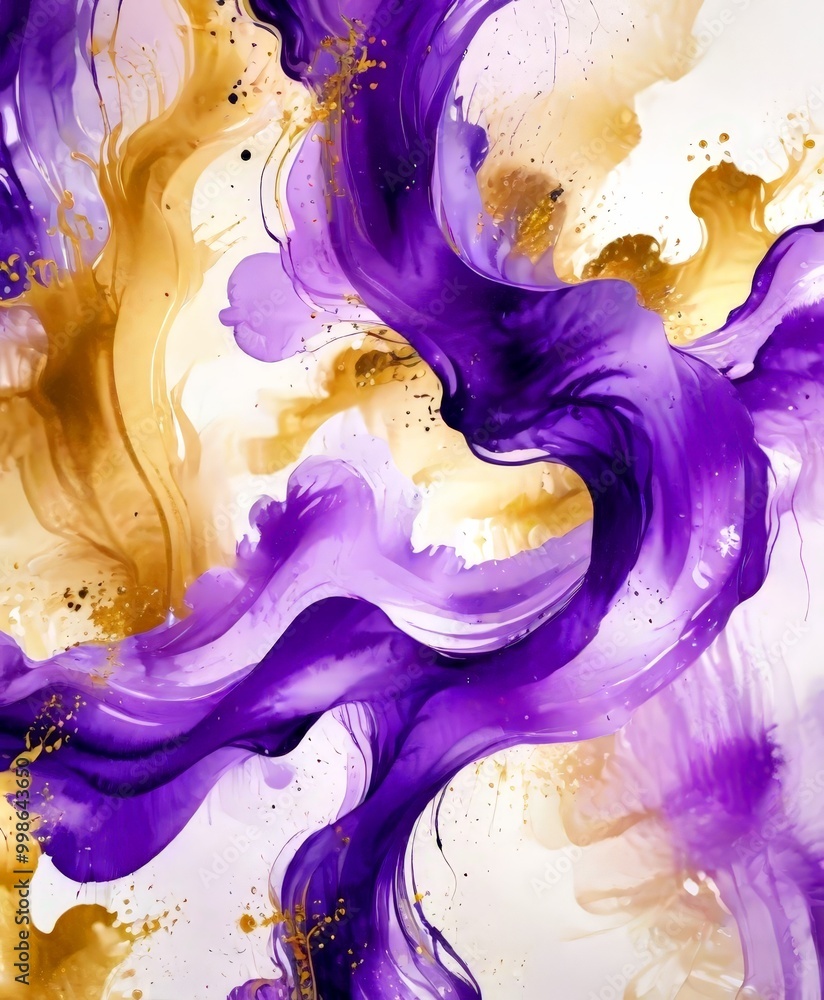 Poster an abstract painting featuring a swirling pattern of purple and gold hues, with splashes of gold and black adding depth and texture to the composition