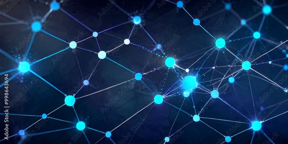 Poster a complex network of interconnected lines and dots, each glowing with a distinct blue color, creating a visually striking and abstract representation of