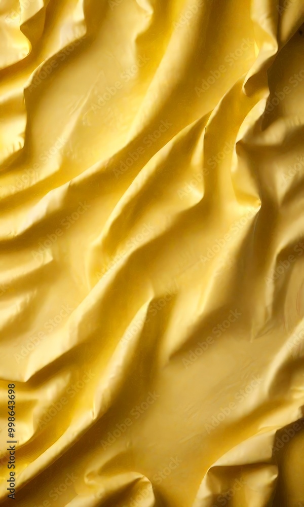 Poster a close-up view crumpled yellow fabric, with the folds and creases creating a textured and dynamic appearance
