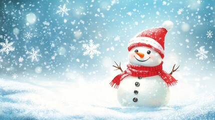 Obraz premium Snowman with red scarf and hat in snowy landscape with falling snowflakes in cartoon style
