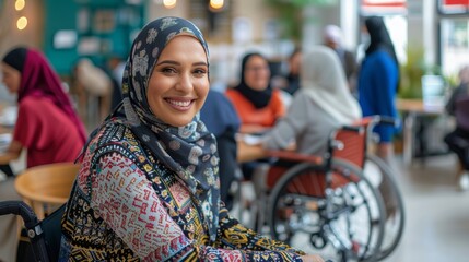 Fototapeta premium Smiling woman in hijab sitting in wheelchair in a coffee shop with diverse group of friends.