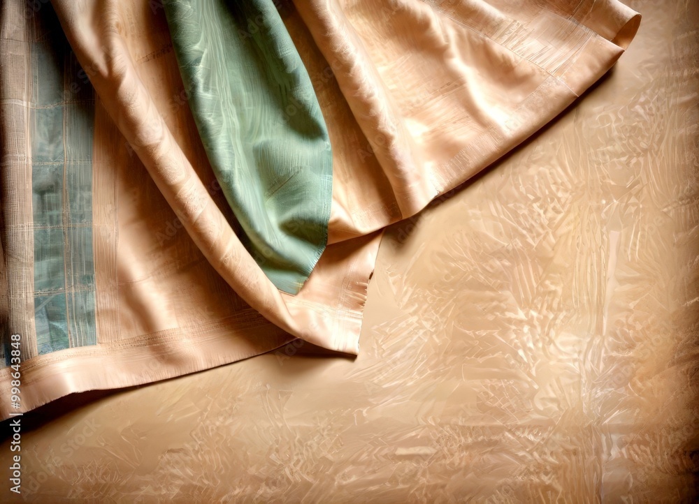 Aufkleber a close-up view fabric with a green and beige pattern, partially folded and resting on a textured beige surface