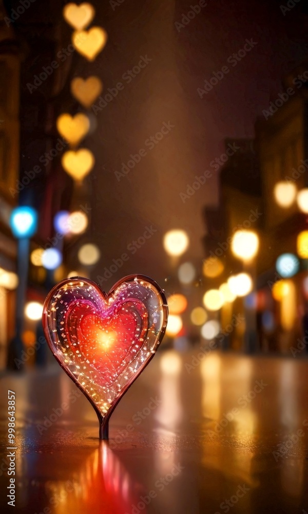 Poster a heart-shaped glass lantern with a glowing red heart at its center stands on a wet street, surround