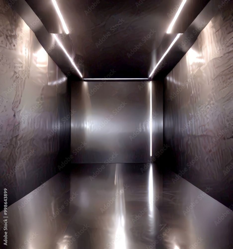 Aufkleber a dimly lit, long, empty corridor with a glossy, reflective floor and a single white light source on
