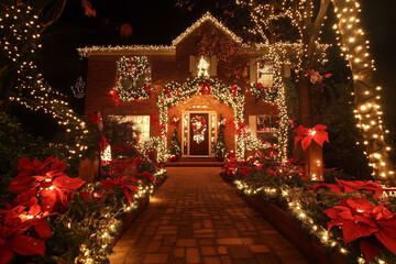 Fototapeta premium A Beautifully Decorated House Shines Brightly With Christmas Lights and Festive Poinsettias, Creating a Magical Winter Wonderland