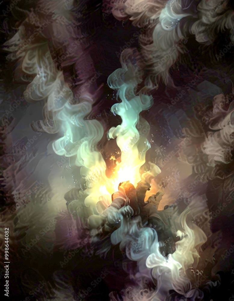 Poster a fantastical scene with a fiery, glowing object surrounded by swirling smoke and mist, creating an 