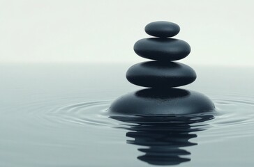 Obraz premium Stacked black pebbles floating serenely in water, surrounded by a zen and peaceful background, embodying a calming effect