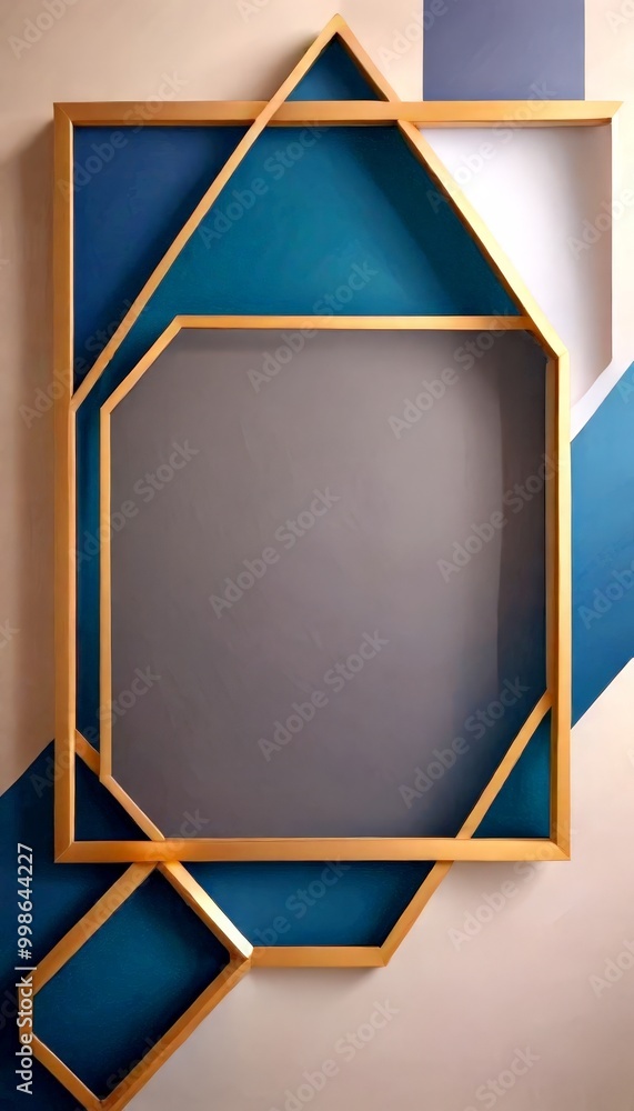 Poster a geometric composition of gold-colored frames arranged in a triangular pattern against a light blue background