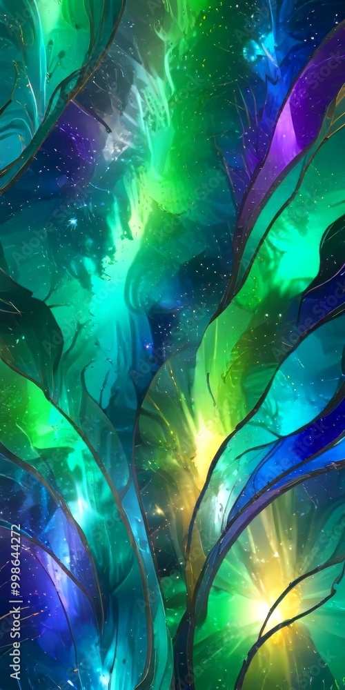 Poster a digital artwork featuring a vibrant, abstract representation tree with swirling, multicolored leav