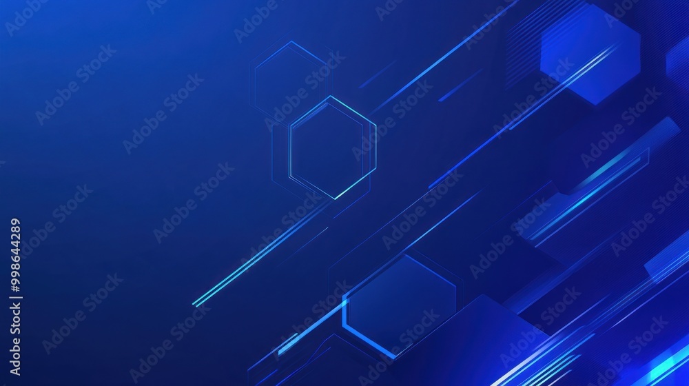 Wall mural abstract blue background with glowing hexagons and lines.