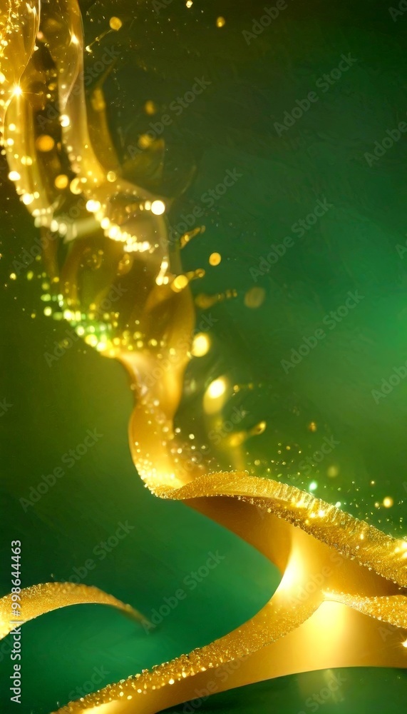 Poster a dynamic, abstract composition of golden lines and shapes against a dark green background, creating a sense of movement and energy